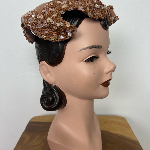 1950’s 50s Vintage Elegant Brown Wool Felt Sequin Sequined Soutache Women's Hat - Picture 12 of 16